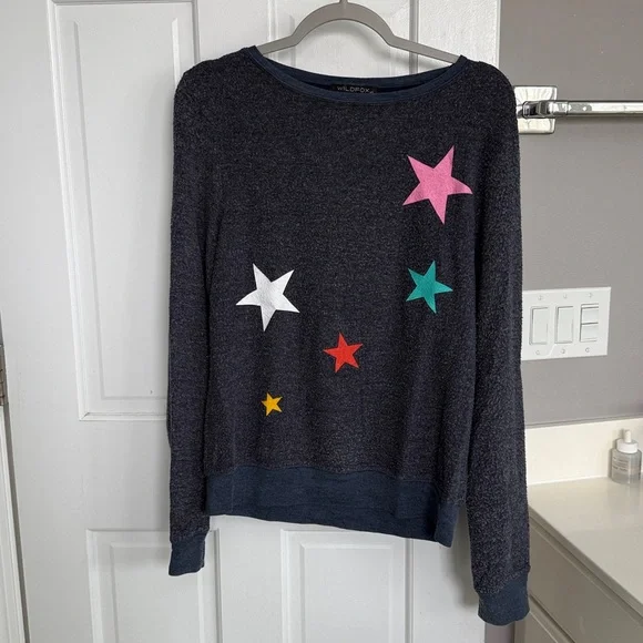 Wildfox Scatter Stars Oversized Sweatshirt Sweater Short Boat Neck Fleece - Picture 2 of 6